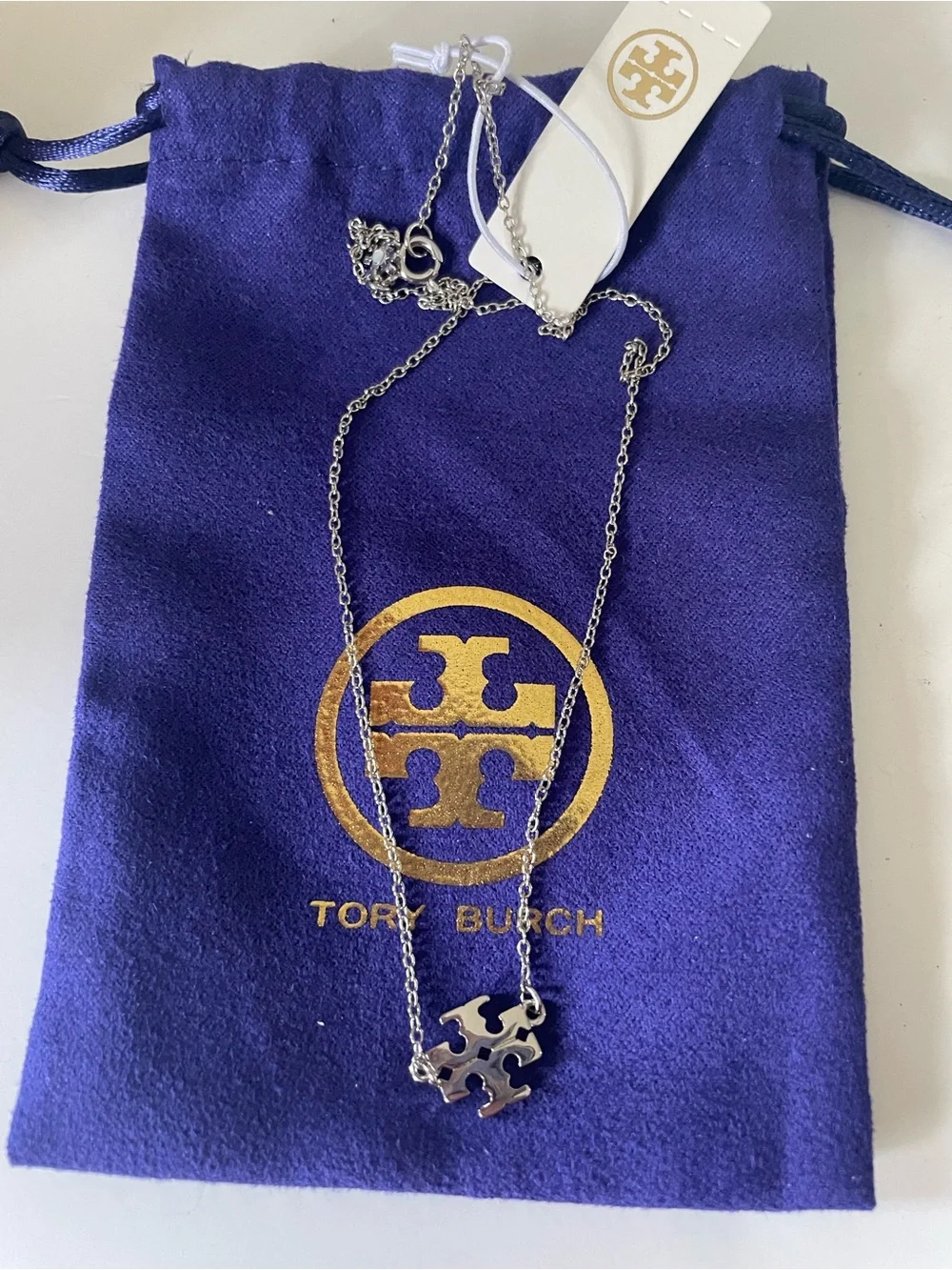 Tory Burch Silver-Tone Logo Charm Necklace 16”